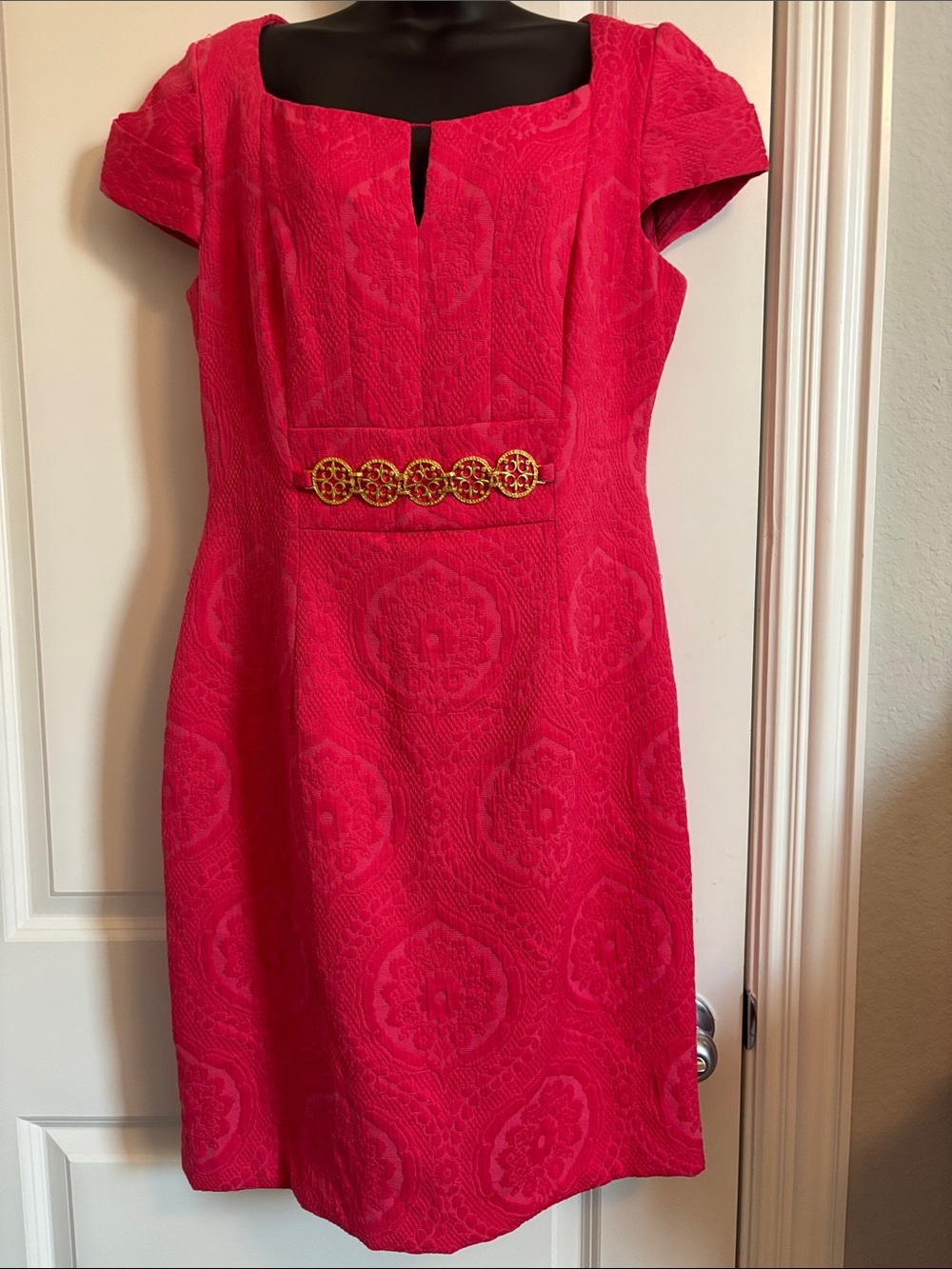 Kay Unger Elegant Fuchsia Cap Sleeve Sheath Dress with Decorative Gold Accent 10